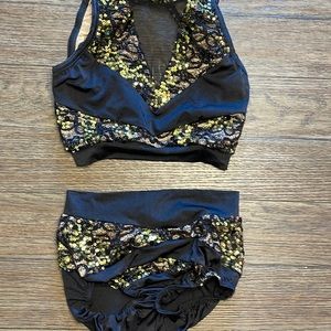 2 piece black and gold sequined dance costume